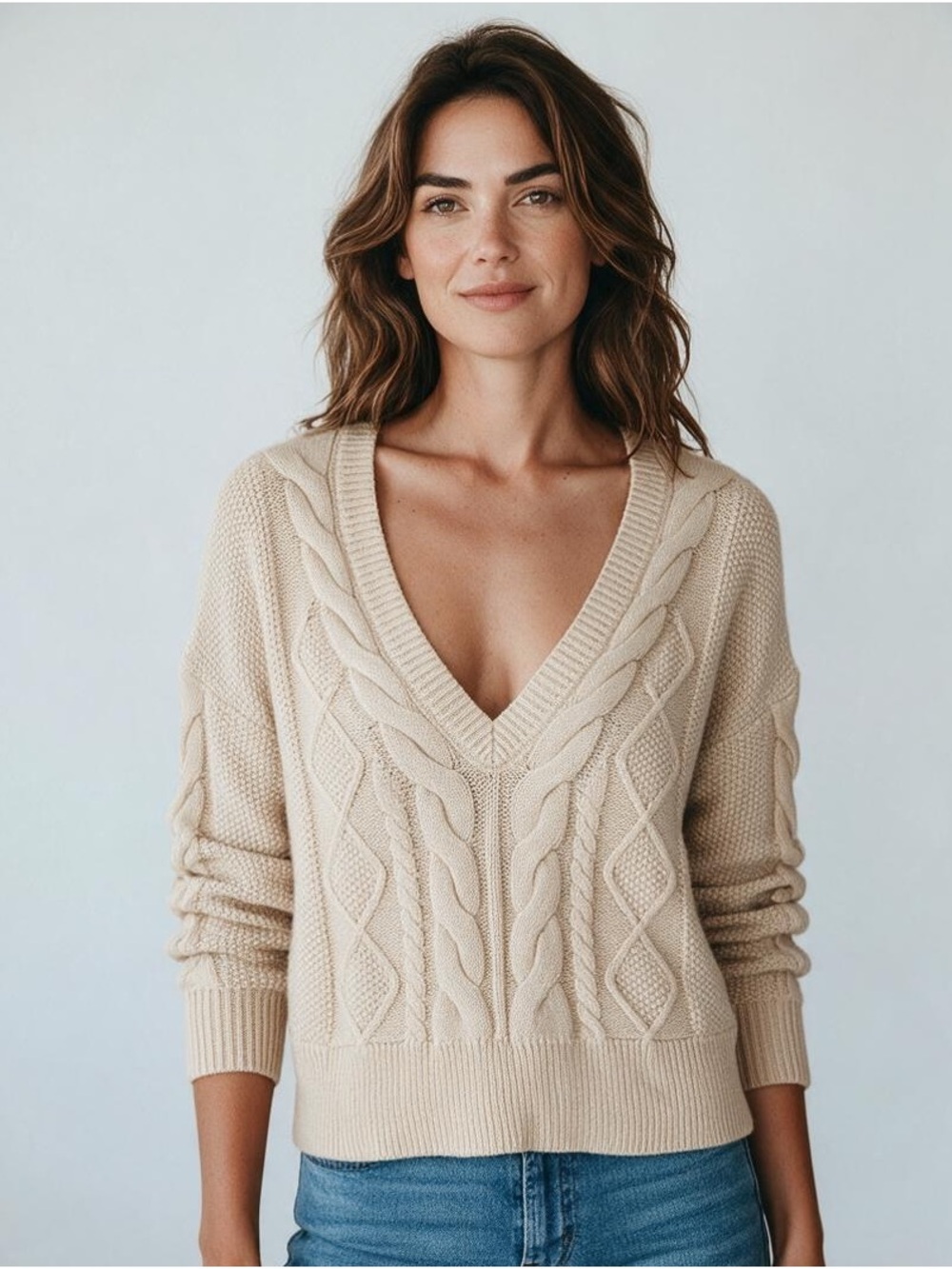 Cabi V-Neck Cable Knit Sweater Oversized Fit Cropped Cotton Blend- Cream Size XS